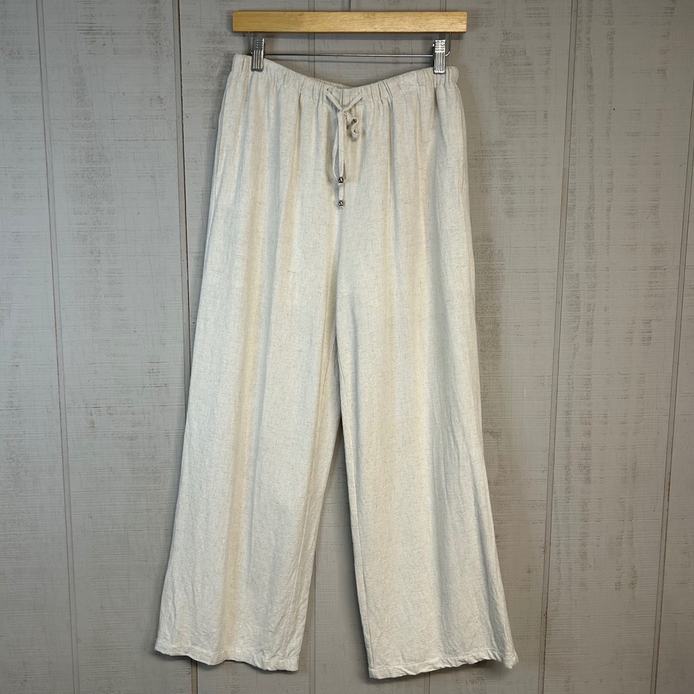 Lillusory Linen Blend Wide Leg Crop Pants M Pull On Oatmeal Coastal Beachy NWOT